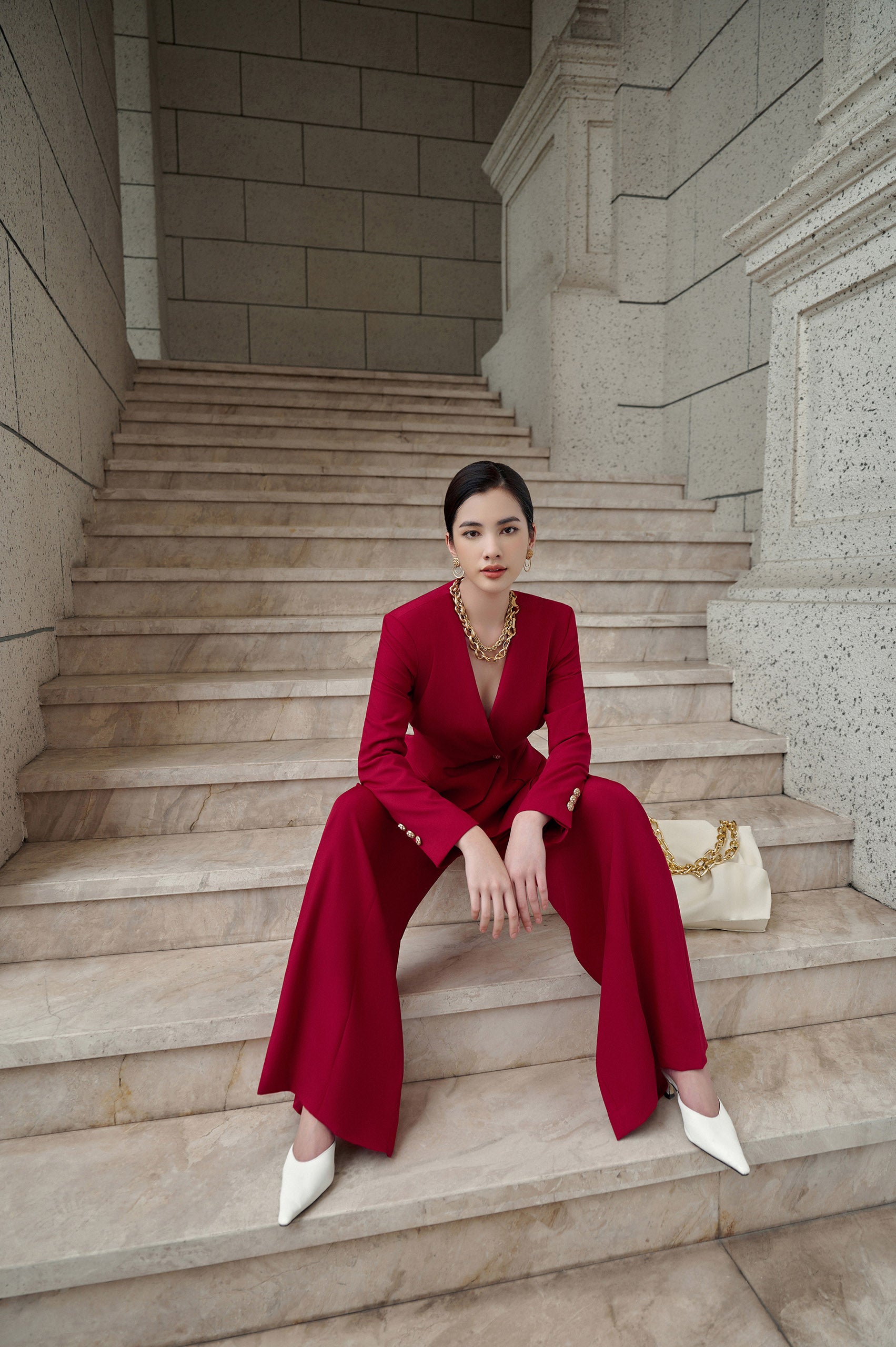 Helena Red Velvet Corset Blazer Red Velvet Wide Leg Pants