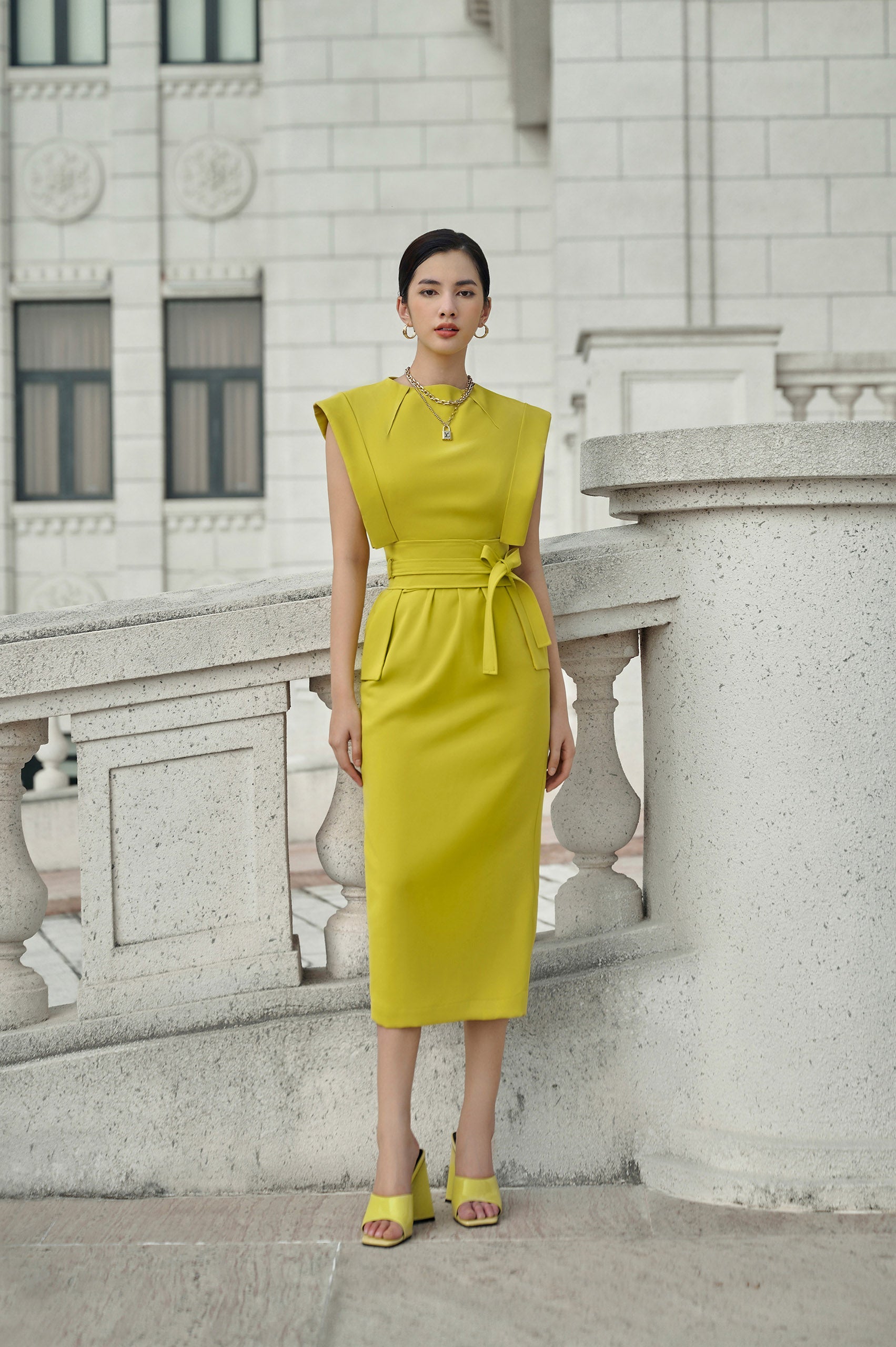 Harper Olive Square Shoulder Pencil Dress