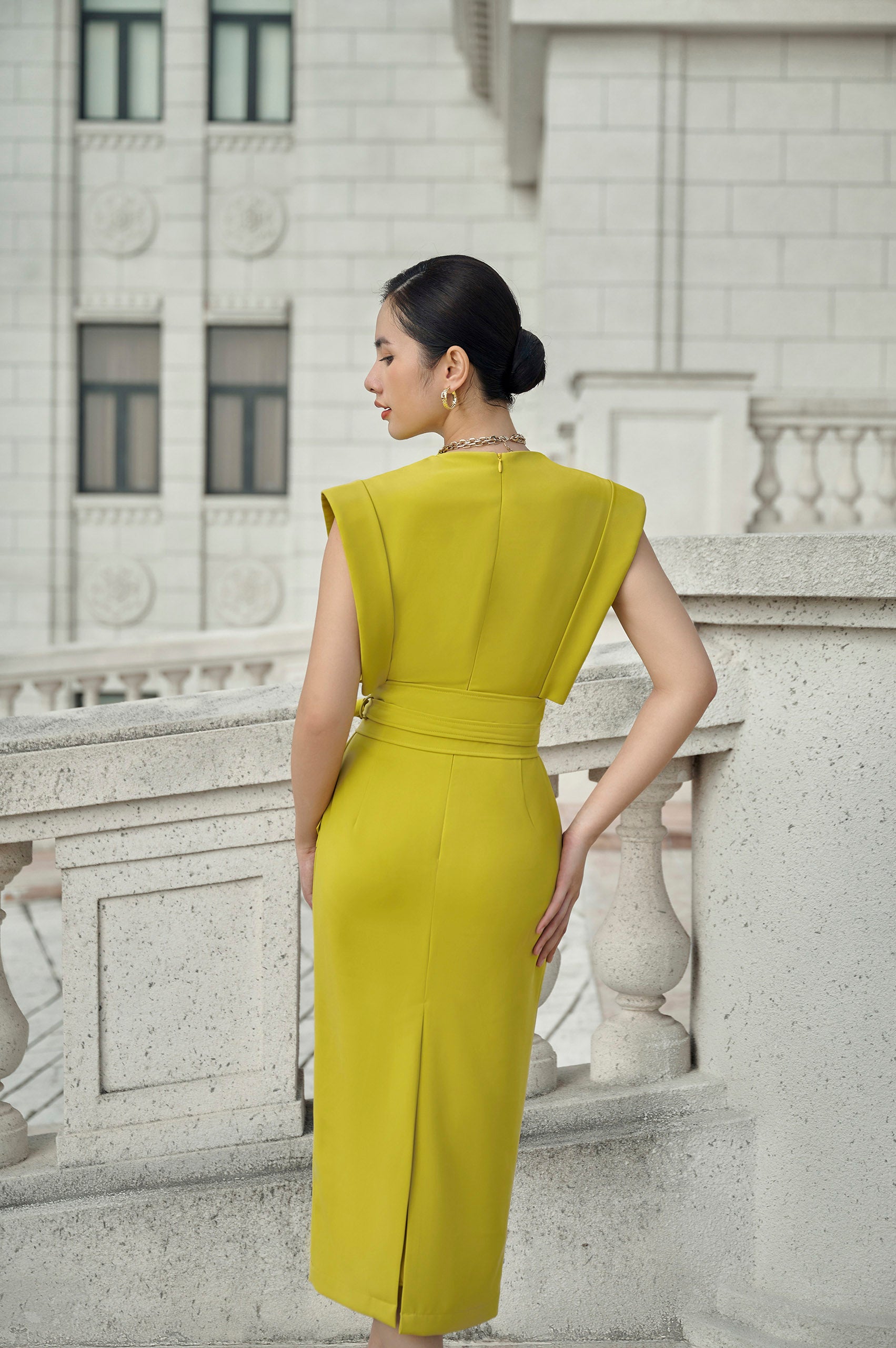 Harper Olive Square Shoulder Pencil Dress