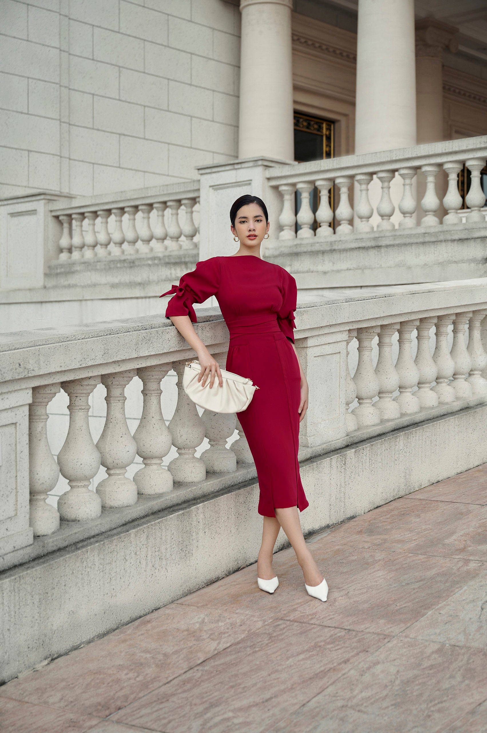 Jewel Red Velvvet Bell Sleeves Bow Tie Dress