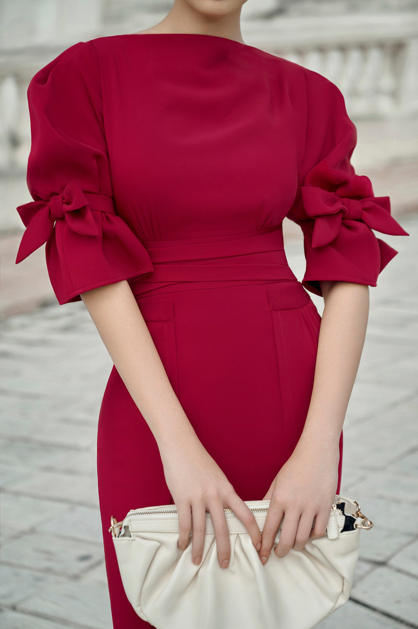 Jewel Red Velvvet Bell Sleeves Bow Tie Dress