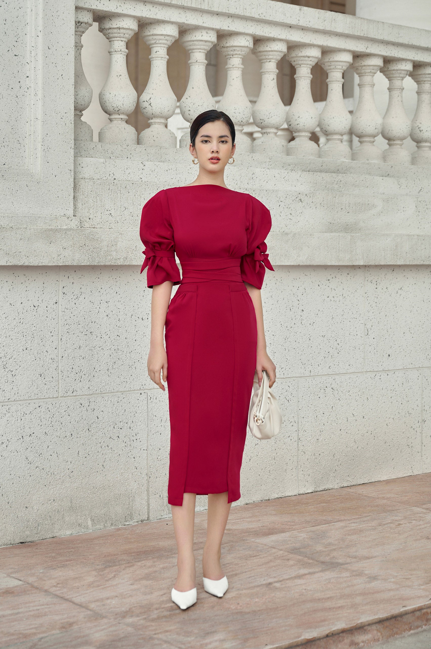 Jewel Red Velvvet Bell Sleeves Bow Tie Dress