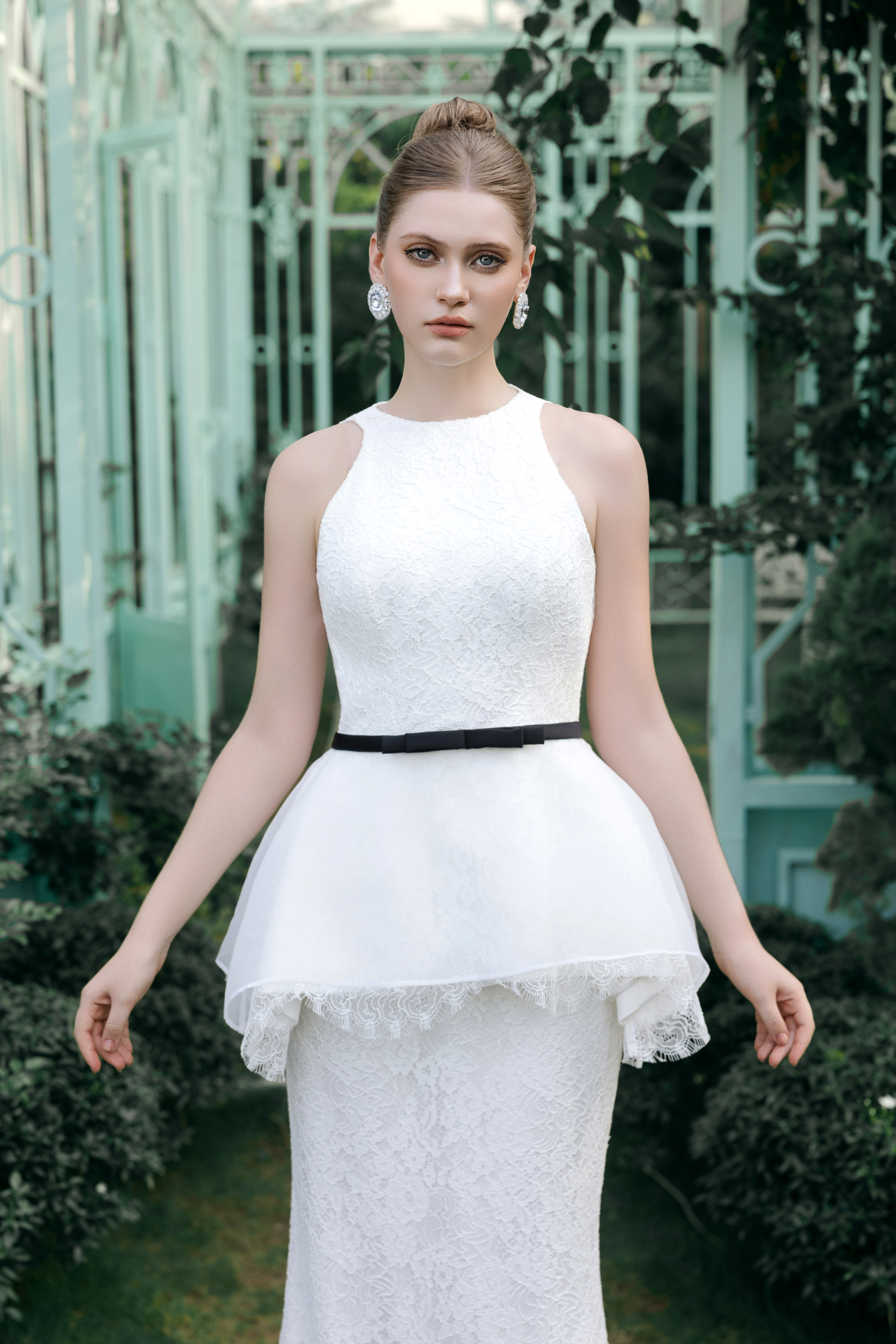 Ory Set – Lace Peplum Column Gown with Bow Belt