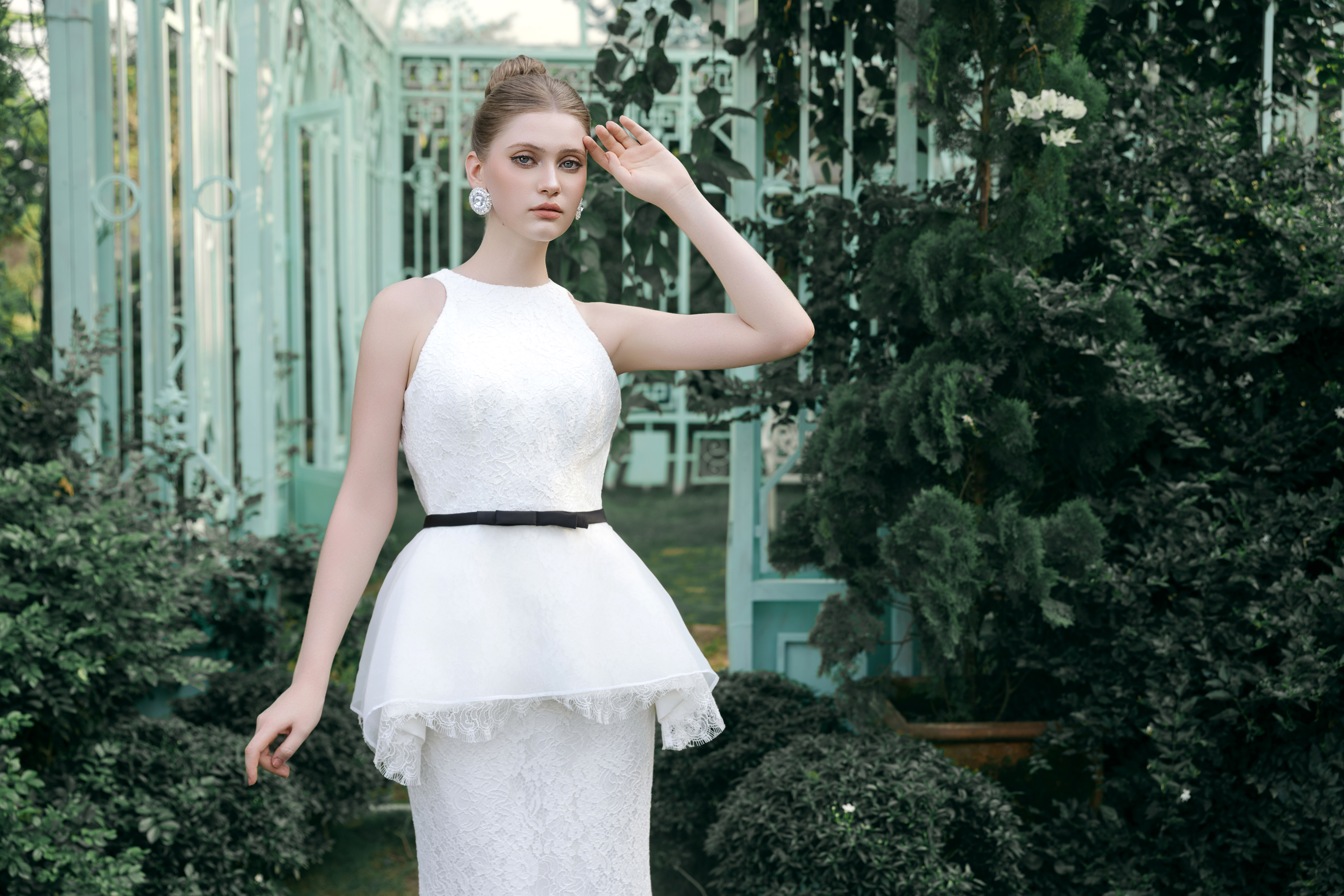 Ory Set – Lace Peplum Column Gown with Bow Belt