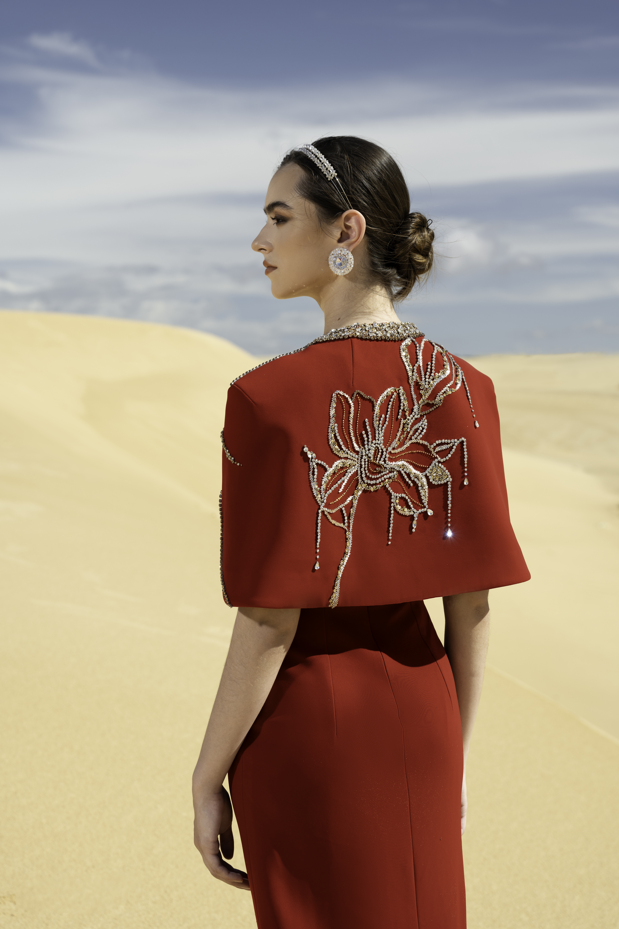 Floral Embellished Cape and Red Column Dress Set