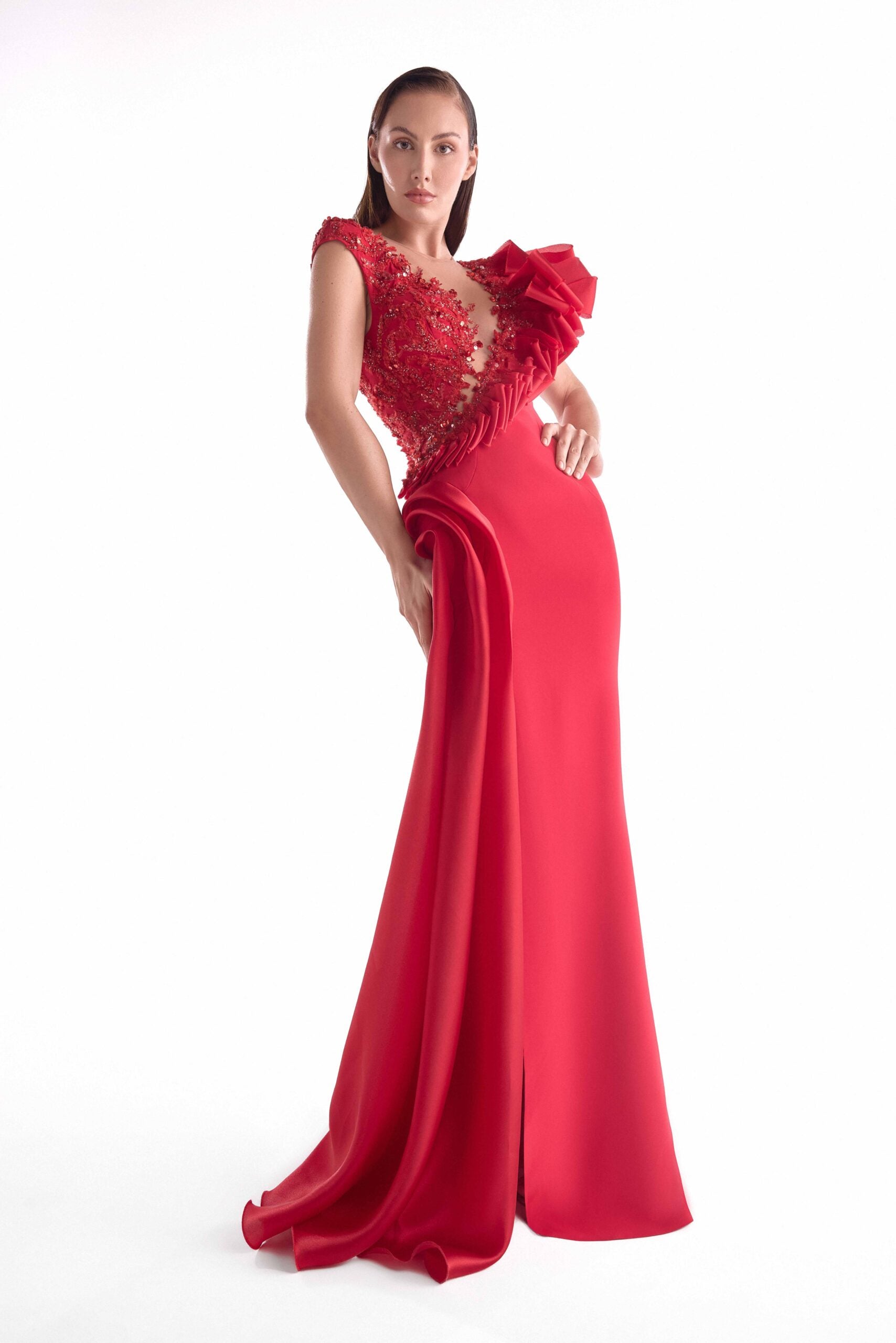 Deep Plunging Lustrous Red Gown G2134