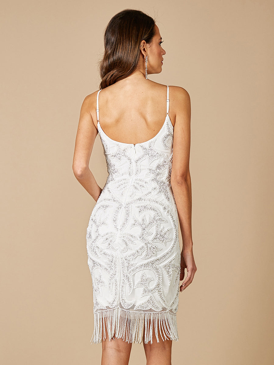 Demi Beaded Short Fringe Wedding Dress with Spaghetti Straps 51040