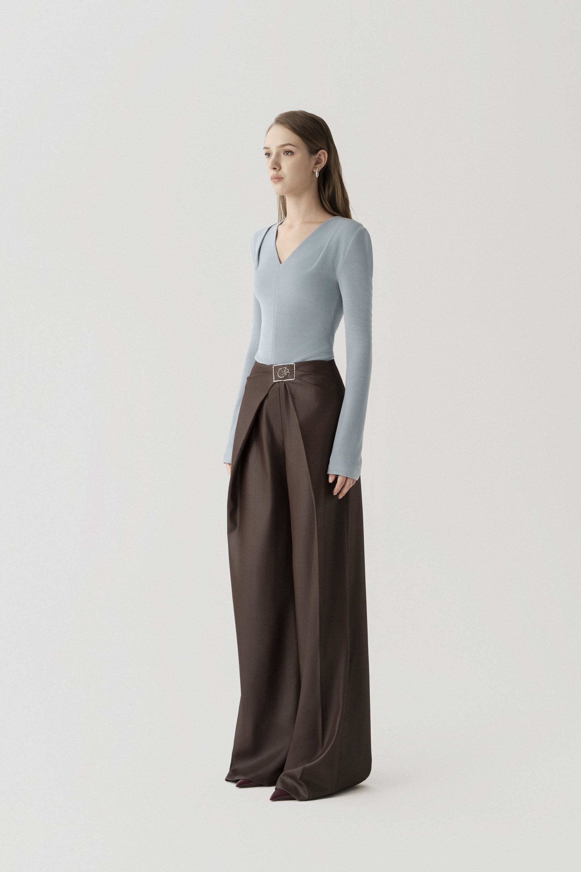 Double Knit Crepe Top in Sky Blue & Bordeaux Flow Trousers