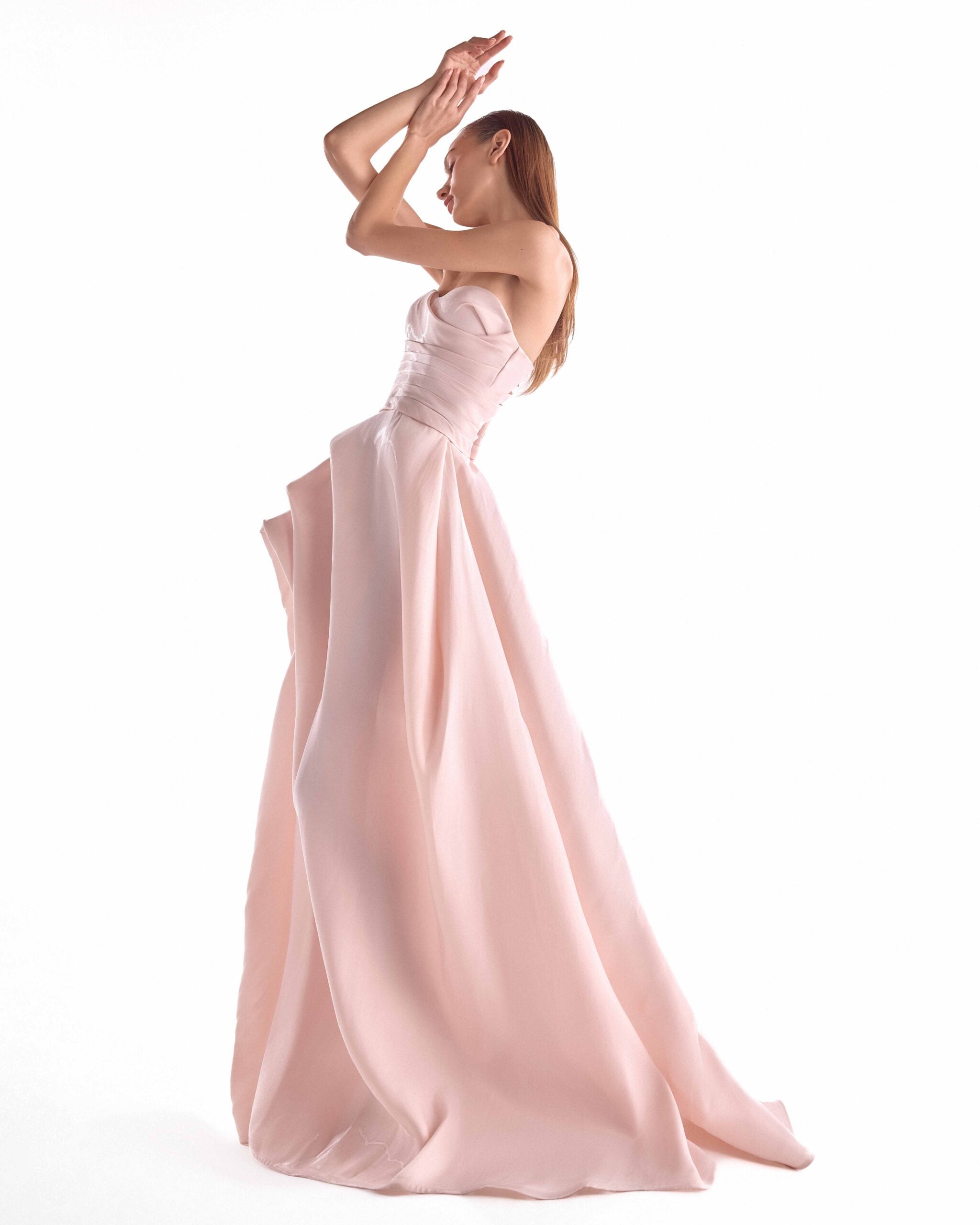 Draped Bodice Salmon Pink Fluid Organza Gown G2121
