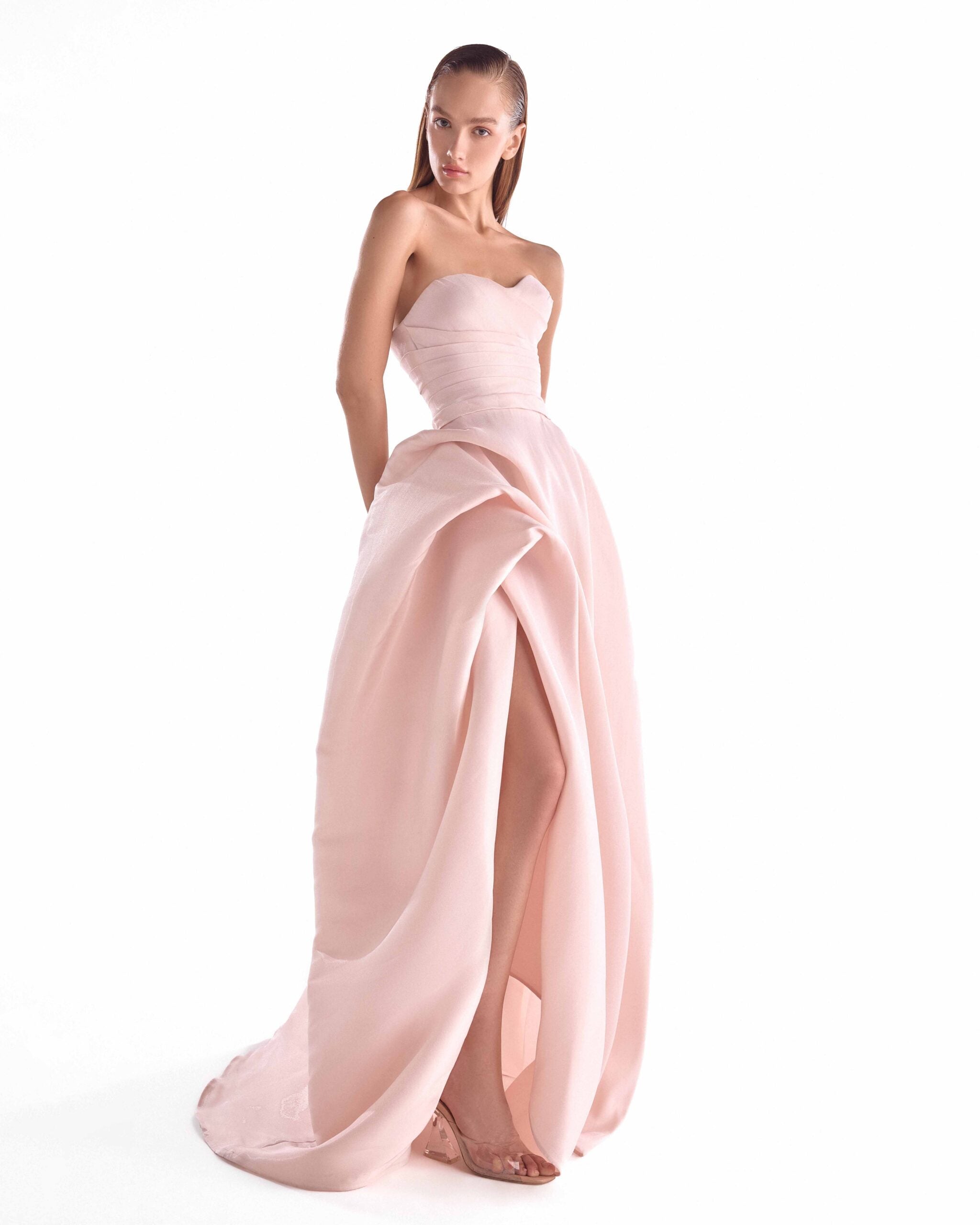 Draped Bodice Salmon Pink Fluid Organza Gown G2121
