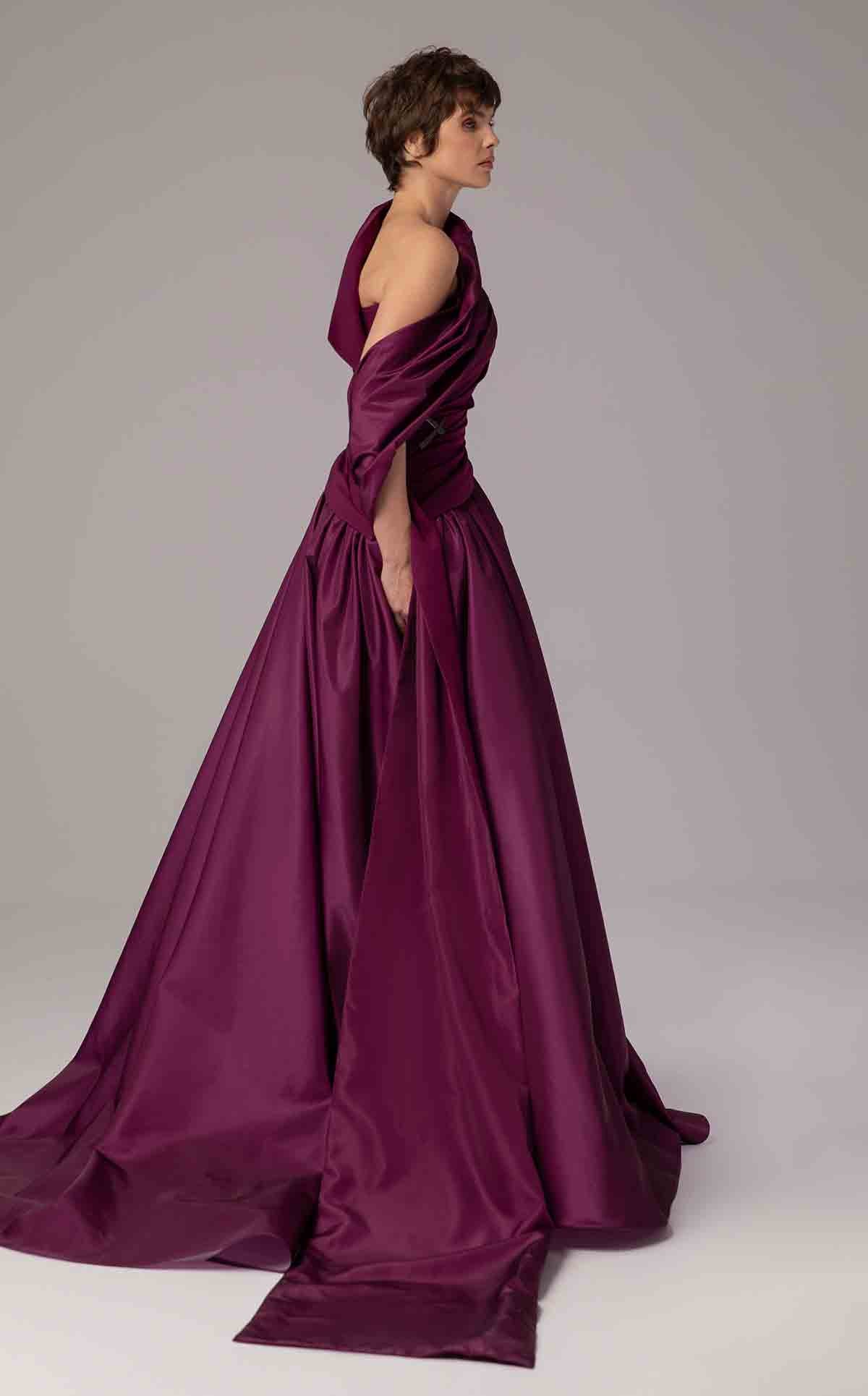 Purple Satin A-Line Gown with Draped Train E0089