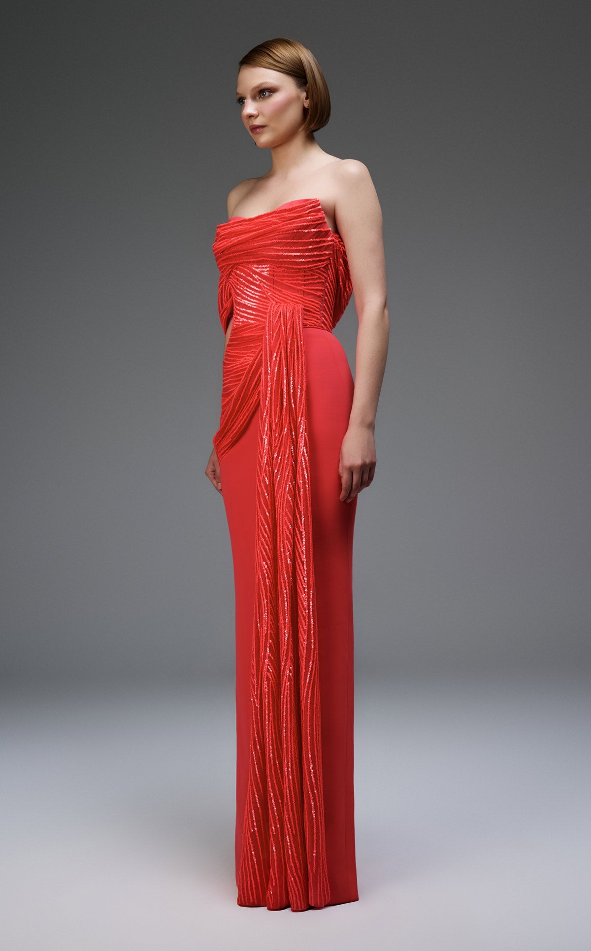 Luxurious Crimson Masterpiece with Cascading Organza E0104