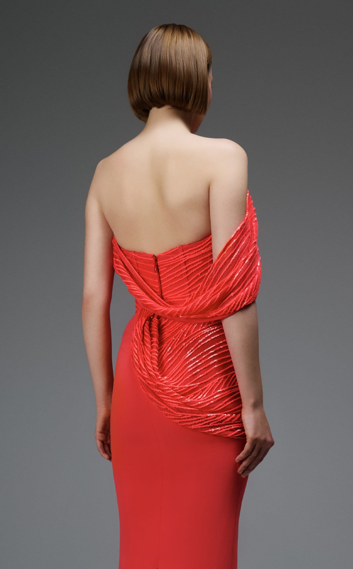 Luxurious Crimson Masterpiece with Cascading Organza E0104