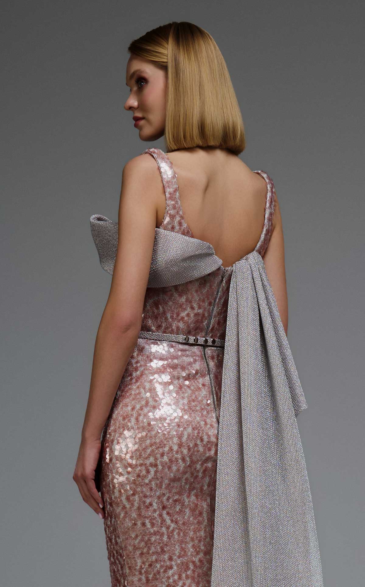 Sequin Column Gown with Dramatic Cape Train E0108