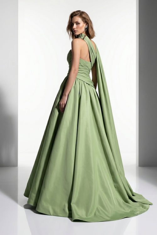 Purple Satin A-Line Gown with Draped Train E0089