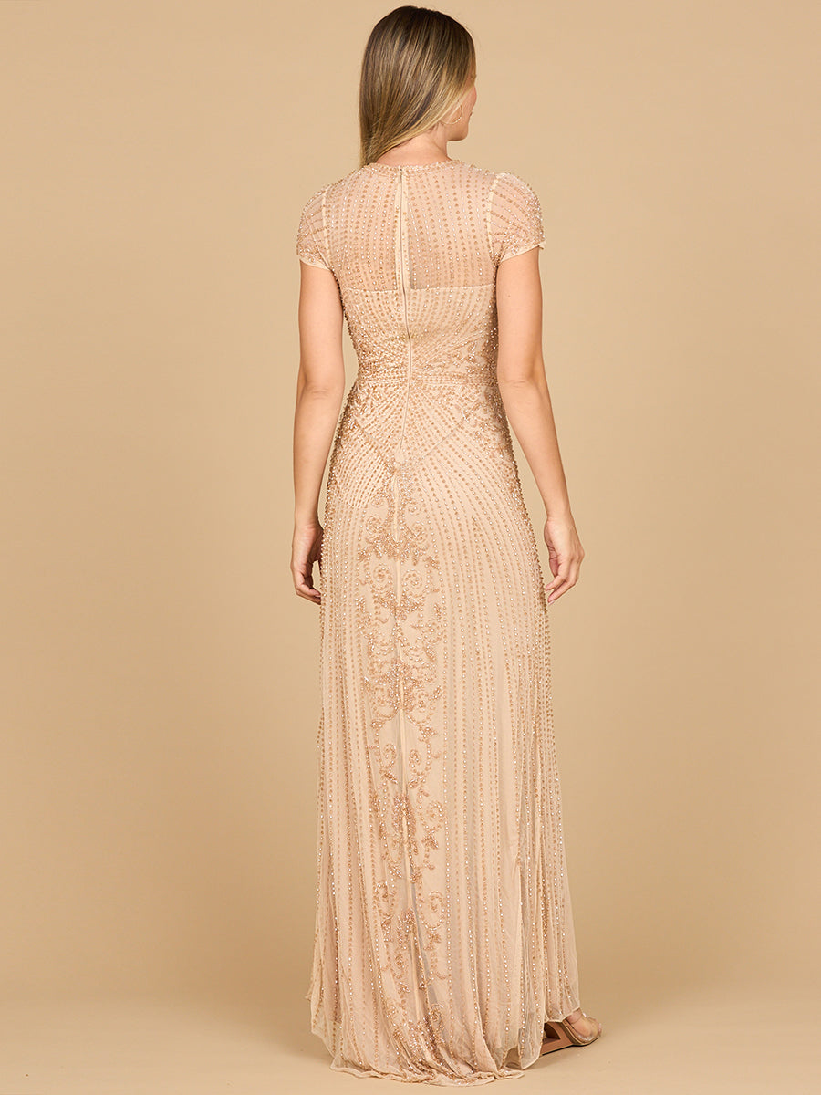 Elegant Beaded Cap Sleeve Illusion Plunge Gown - Sheath Formal Dress 28869