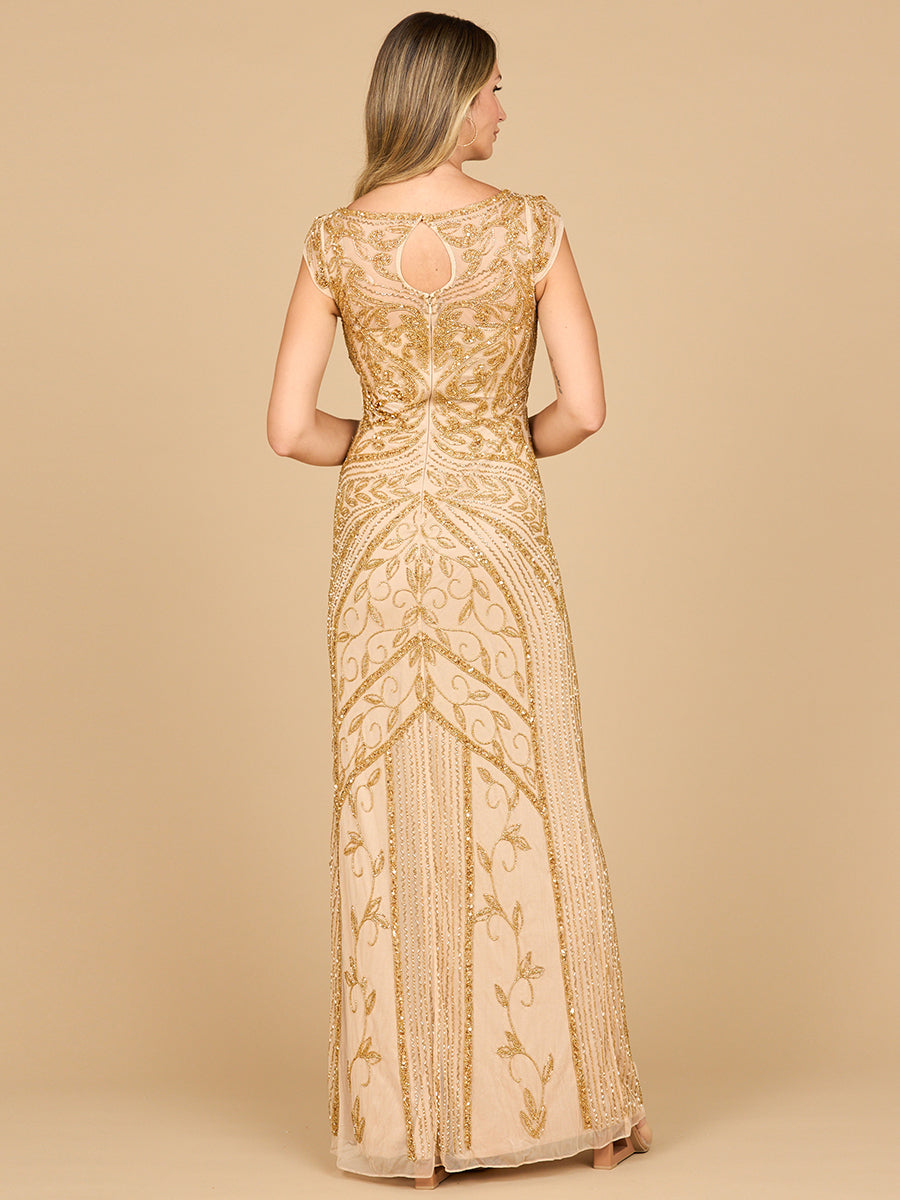 Elegant Beaded Cap Sleeve Sheath Gown - V-Neck Formal Dress 28876