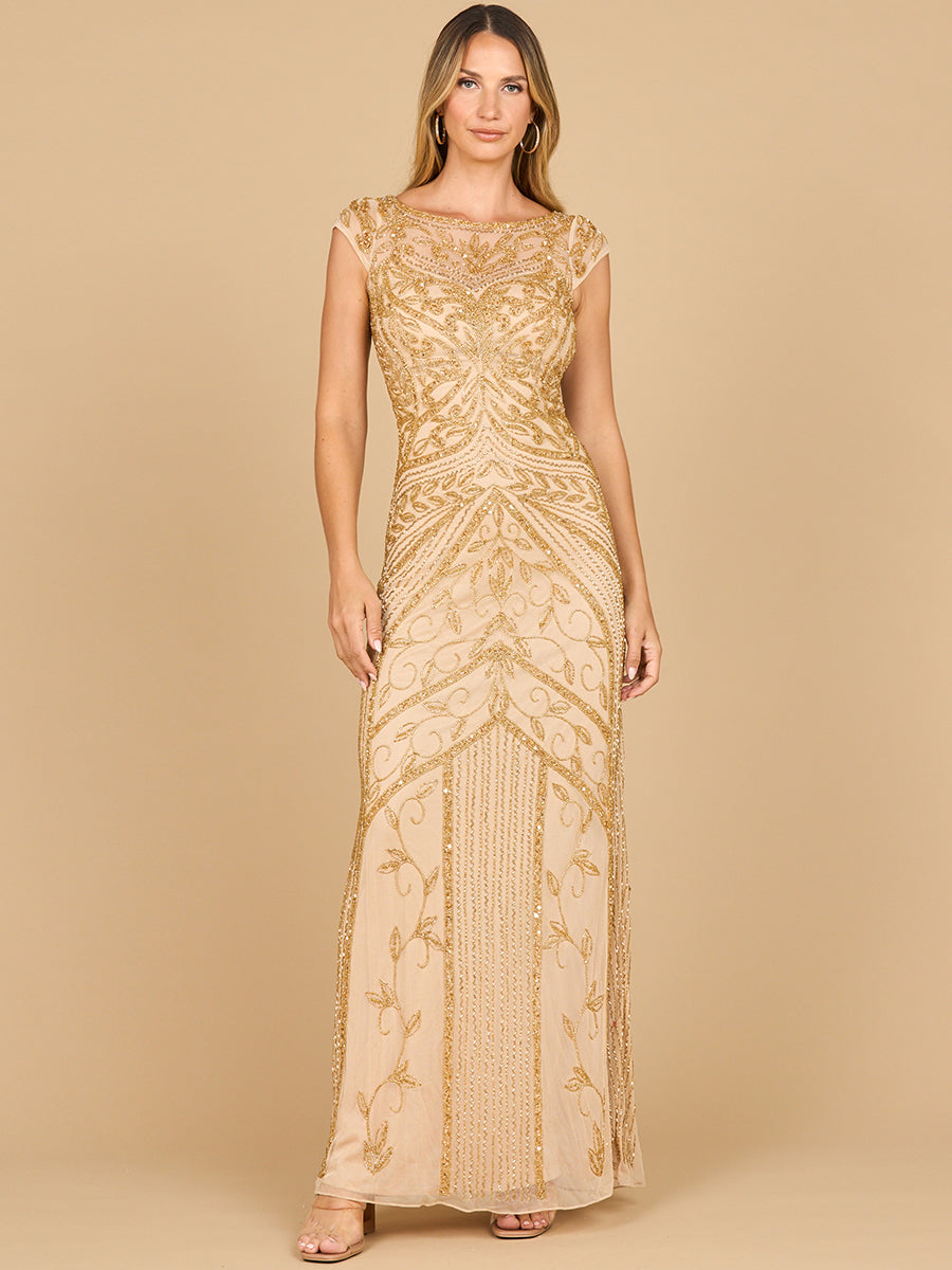 Elegant Beaded Cap Sleeve Sheath Gown - V-Neck Formal Dress 28876