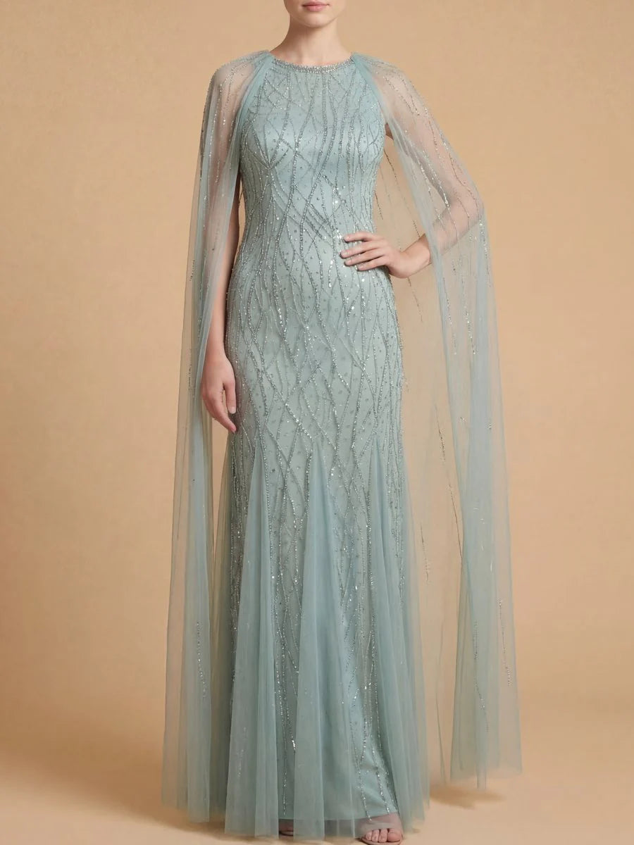 Elegant Beaded Dress with Long Cape 29093