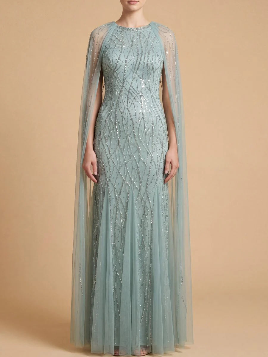 Elegant Beaded Dress with Long Cape 29093