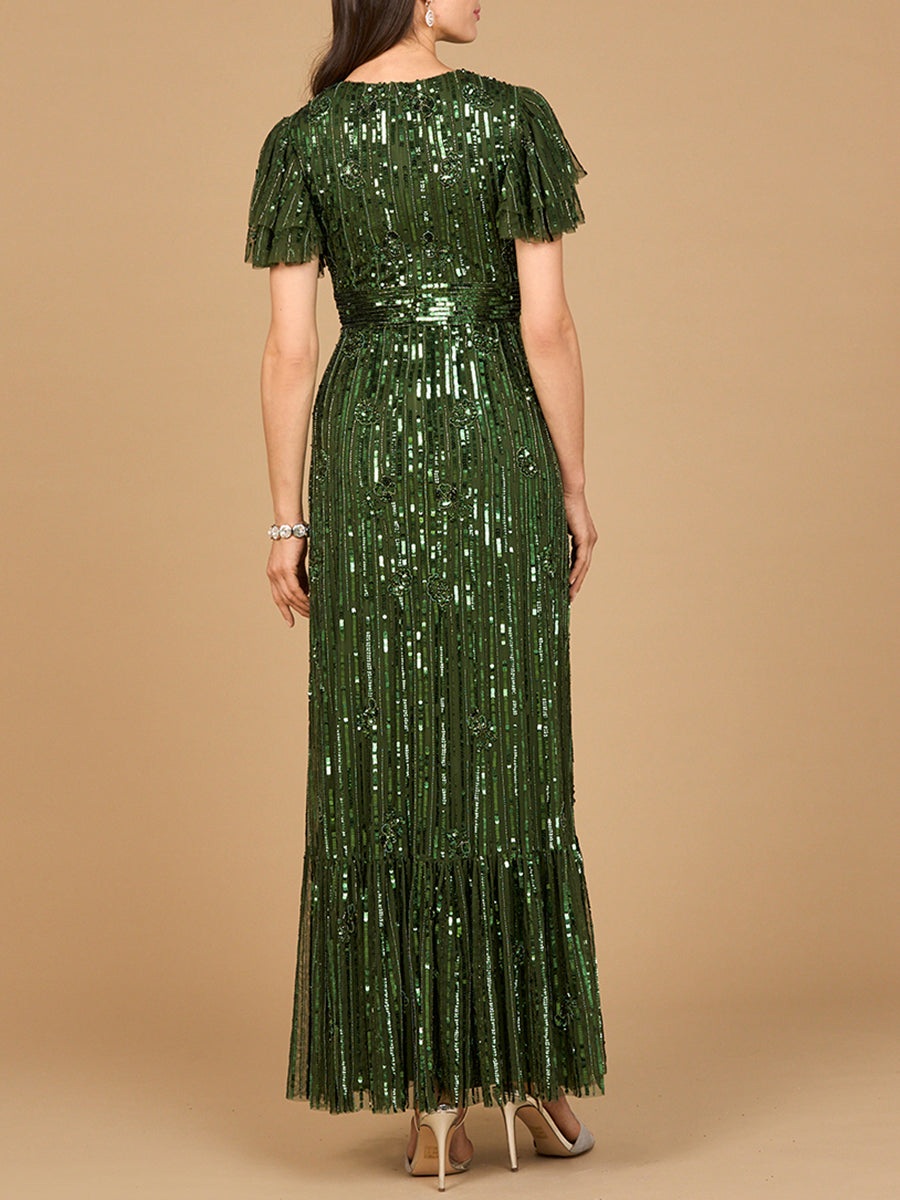 Elegant Beaded Gown with Flutter Sleeves 28899