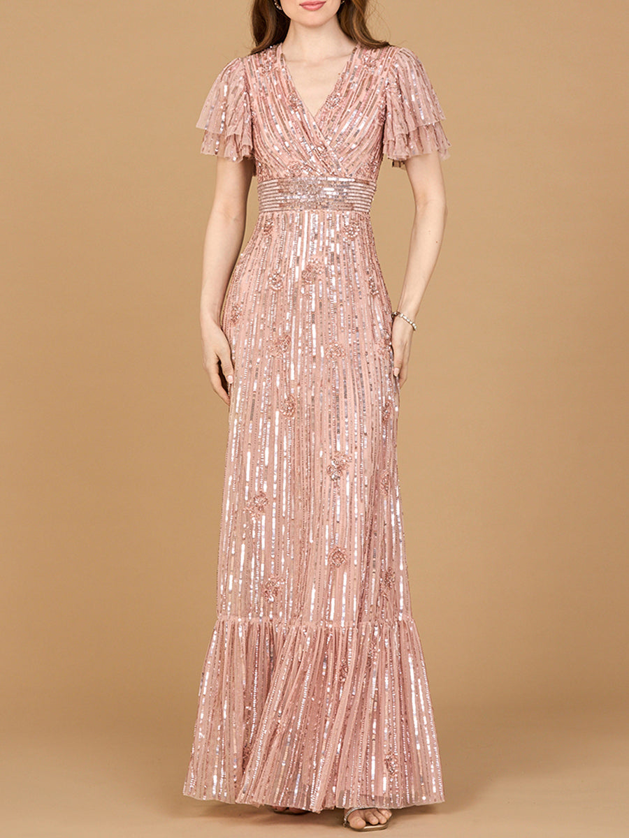 Elegant Beaded Gown with Flutter Sleeves 28899