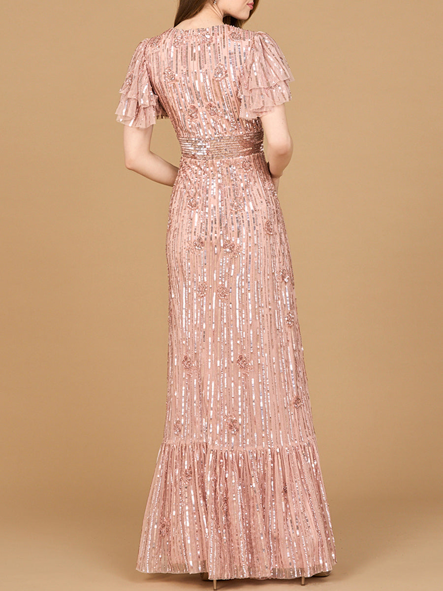 Elegant Beaded Gown with Flutter Sleeves 28899