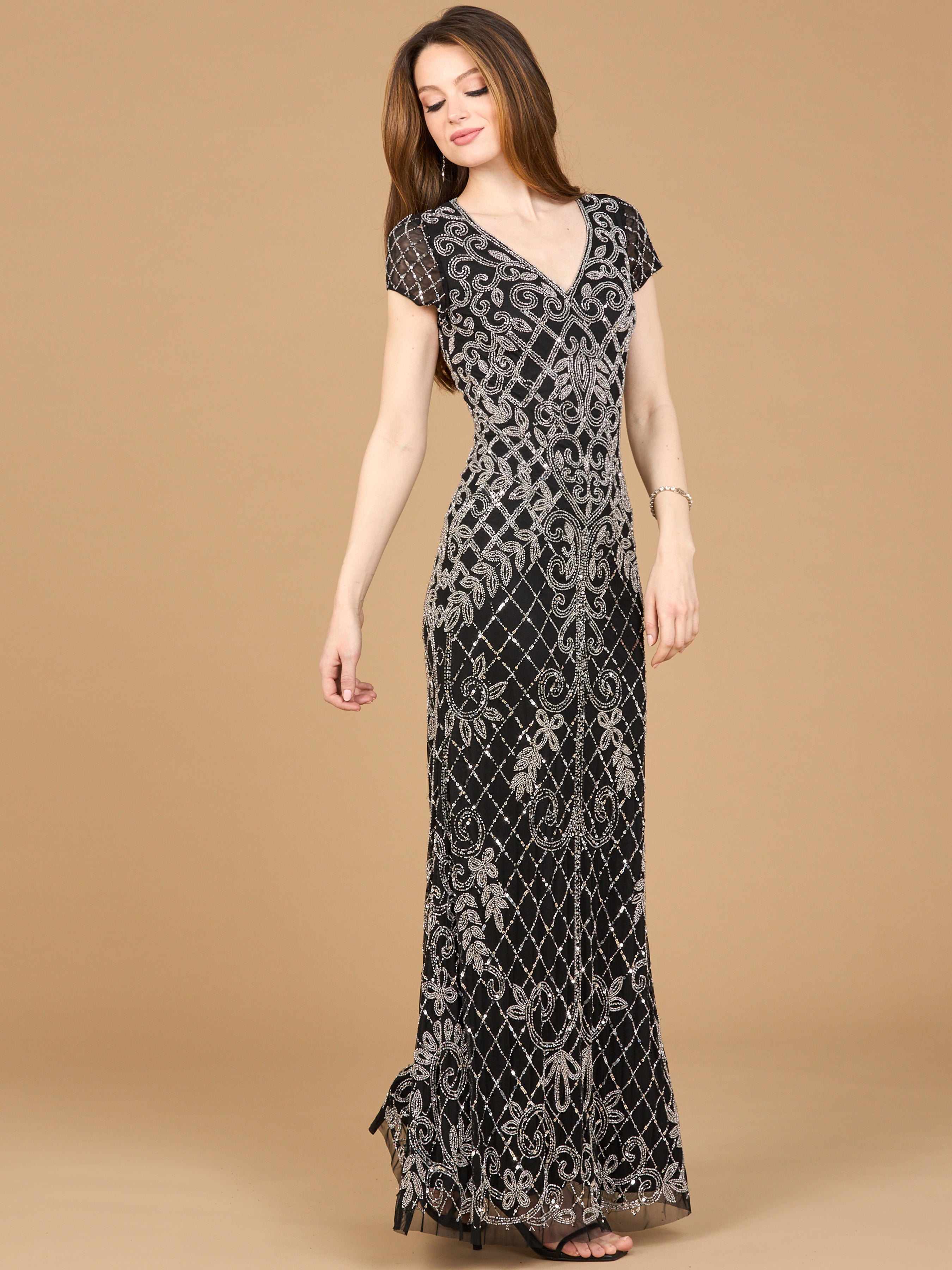Elegant Cap Sleeve Mermaid Beaded Gown - V-Neck Formal Dress 28865