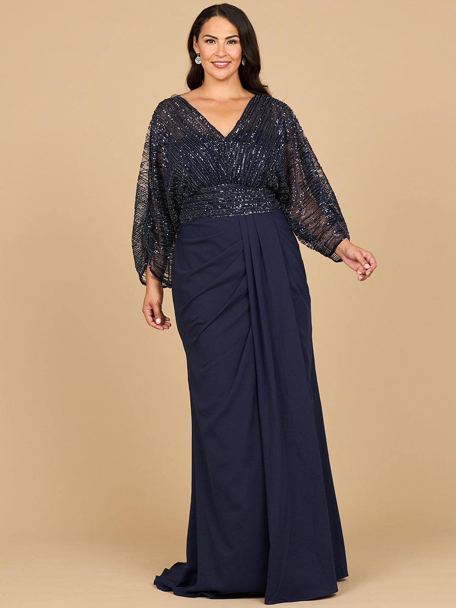 Elegant Draped Skirt Gown with Cape Sleeves - V-Neck Formal Dress 28950
