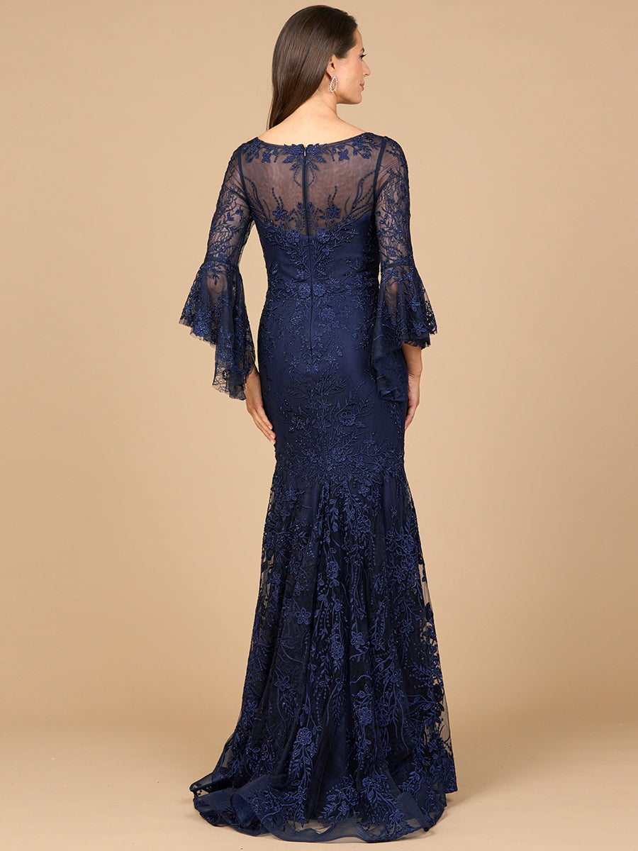 Elegant Illusion Neck Mermaid Gown - Long Bell Sleeve Beaded Lace Dress 28906