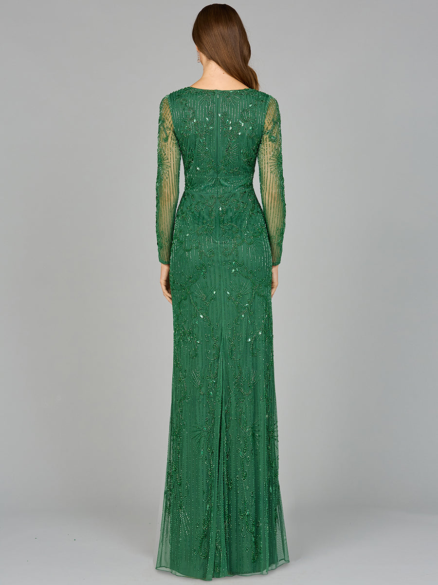 Elegant Long Sleeve Beaded Gown - OUTLET 29078