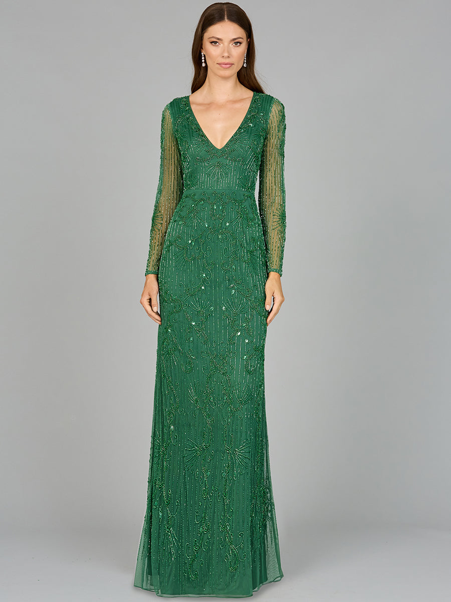 Elegant Long Sleeve Beaded Gown - OUTLET 29078