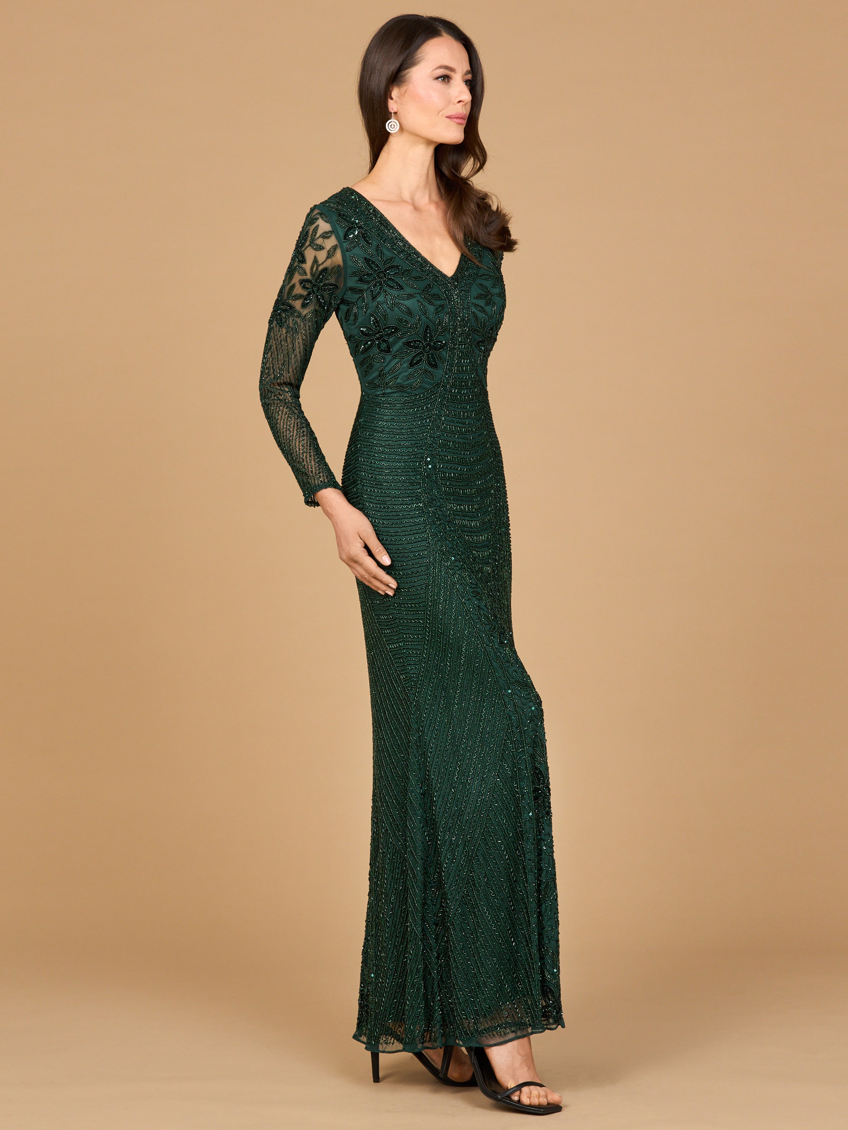 Elegant Long Sleeve Beaded Sheath Gown - V-Neck Formal Dress 28888