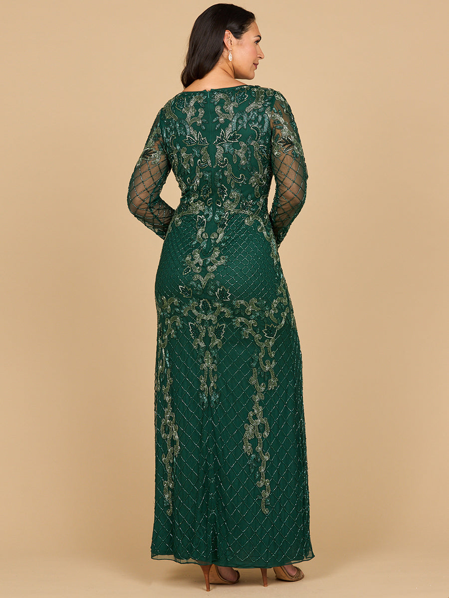 Elegant Long Sleeve Contrast Beaded Gown - Sheath Formal Dress 28877