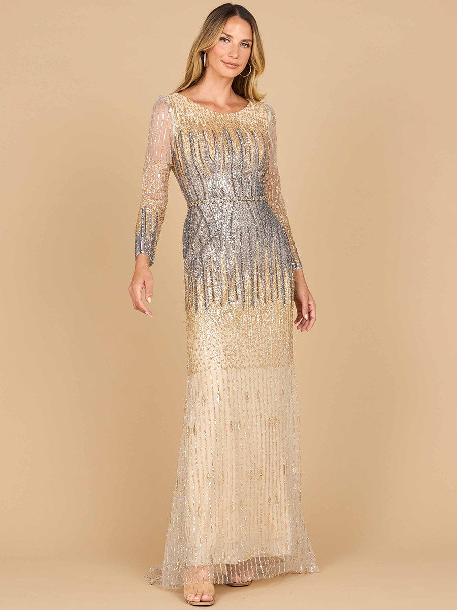Elegant Mermaid Beaded Long Sleeve Gown - V-Neck Formal Dress 28886