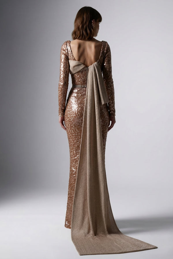 Eli The Label E0157 Full Sequin Long Sleeve Evening Gown with Back Drape