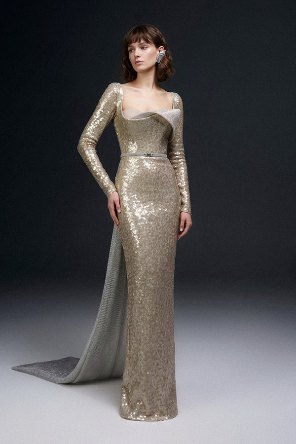 Eli The Label E0157 Full Sequin Long Sleeve Evening Gown with Back Drape