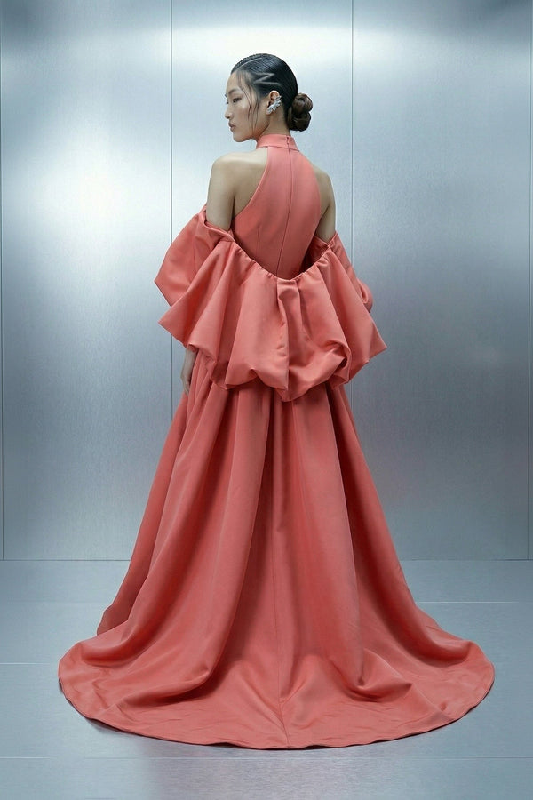 Eli The Label E0163 Coral Halter Plunge Ball Gown with Detachable Sleeves