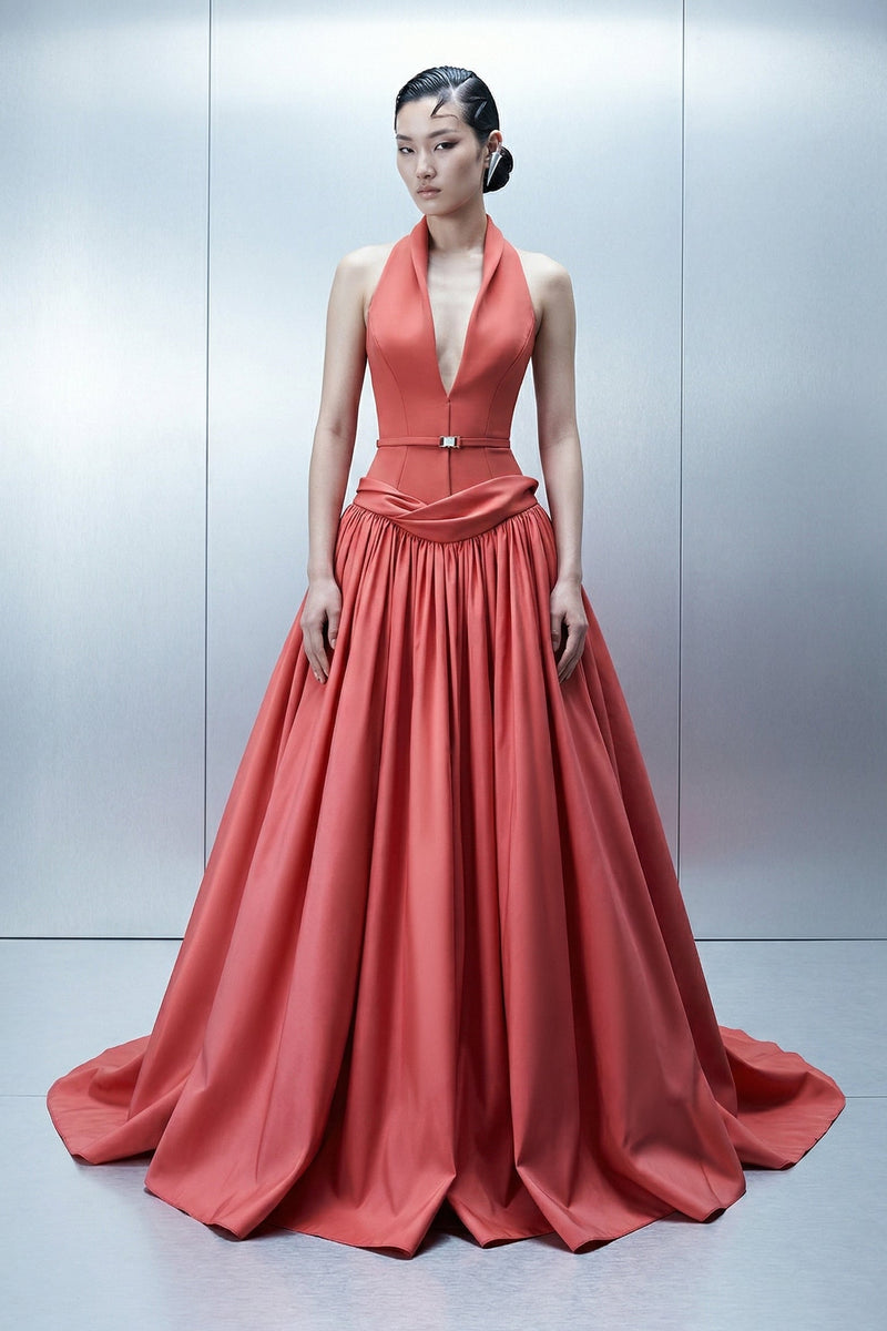 Eli The Label E0163 Coral Halter Plunge Ball Gown with Detachable Sleeves