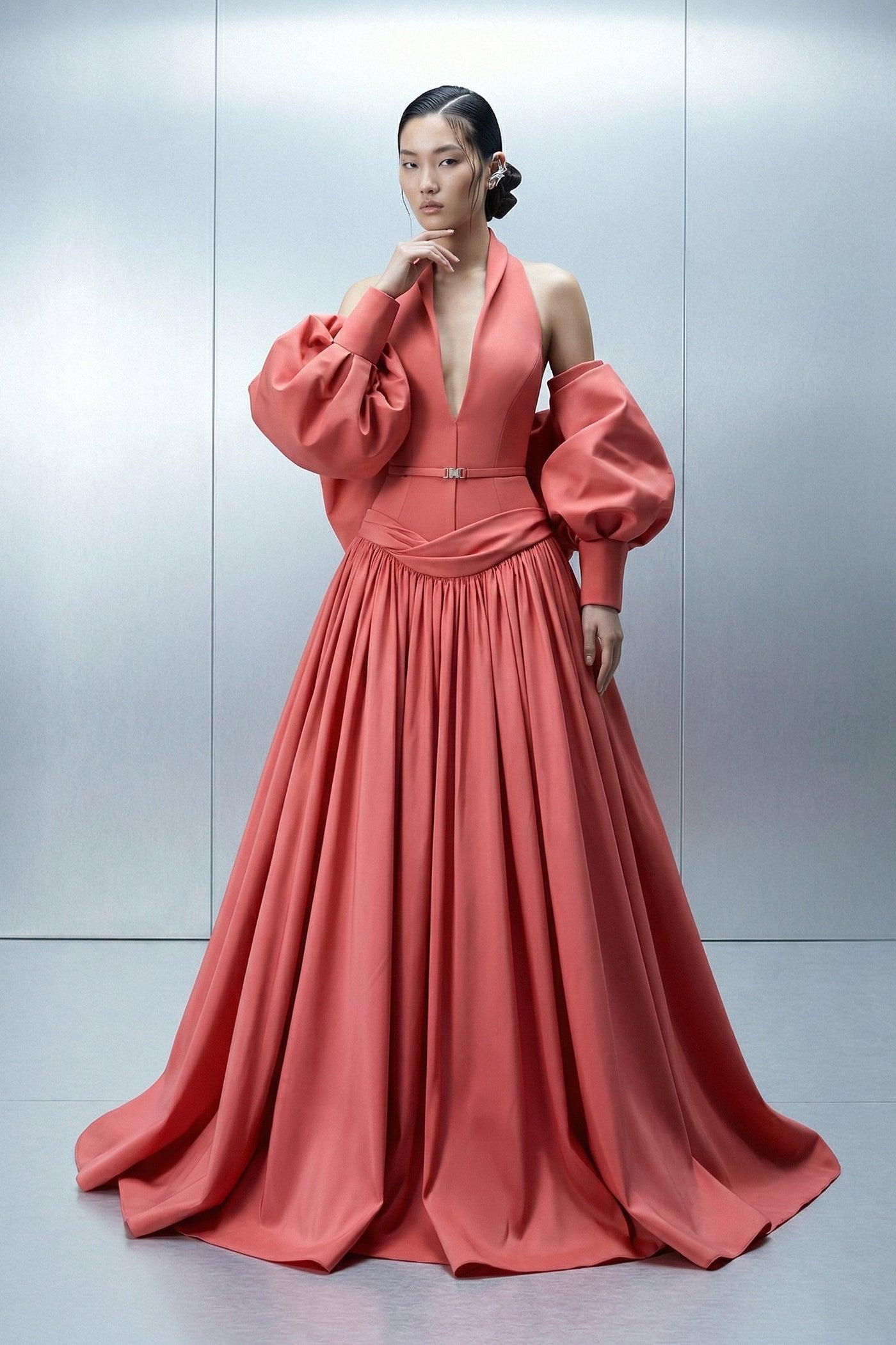 Eli The Label E0163 Coral Halter Plunge Ball Gown with Detachable Sleeves
