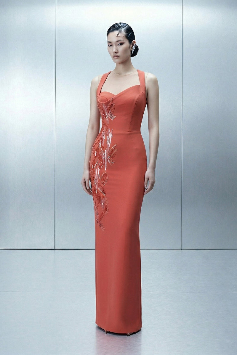 Eli The Label E0164 Coral Embellished Sweetheart Cape Evening Gown