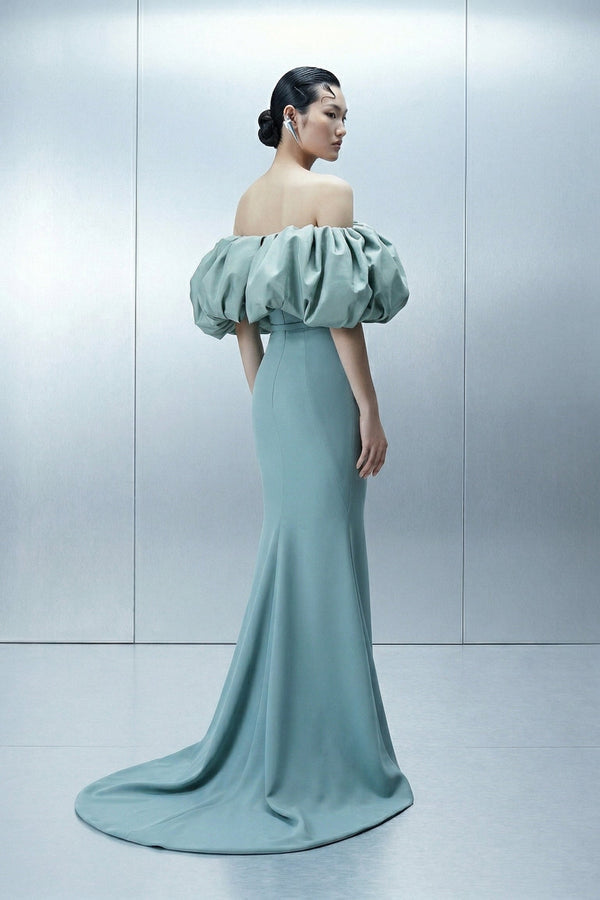 Eli The Label E0165 Sage Mint Off-Shoulder Puff Sleeve Column Gown