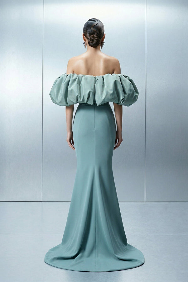 Eli The Label E0165 Sage Mint Off-Shoulder Puff Sleeve Column Gown