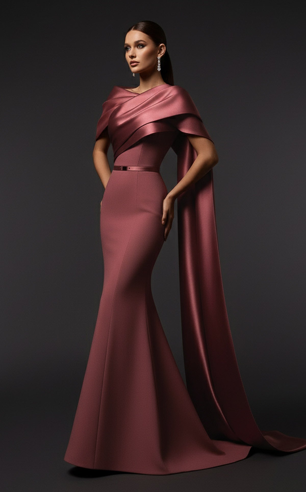 Elie Awad E0125 Pink Crepe Mermaid Gown with Off-Shoulder Drape & Side Train