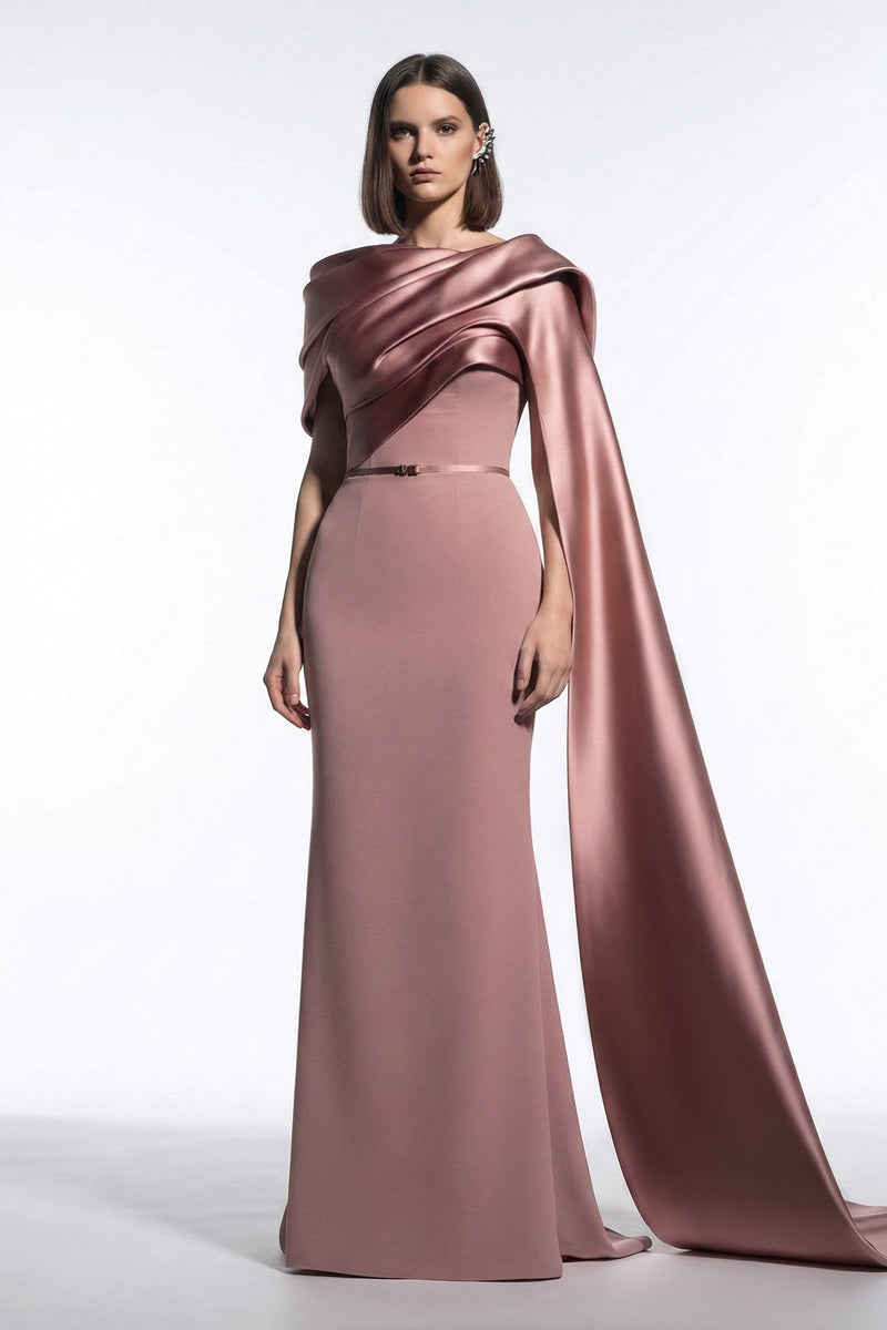 Elie Awad E0125 Pink Crepe Mermaid Gown with Off-Shoulder Drape & Side Train