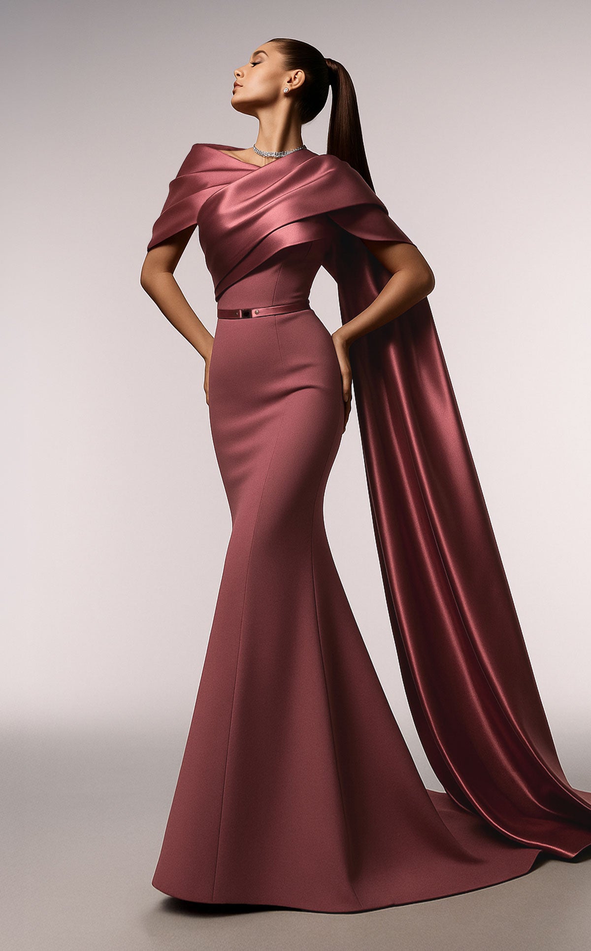 Elie Awad E0125 Pink Crepe Mermaid Gown with Off-Shoulder Drape & Side Train