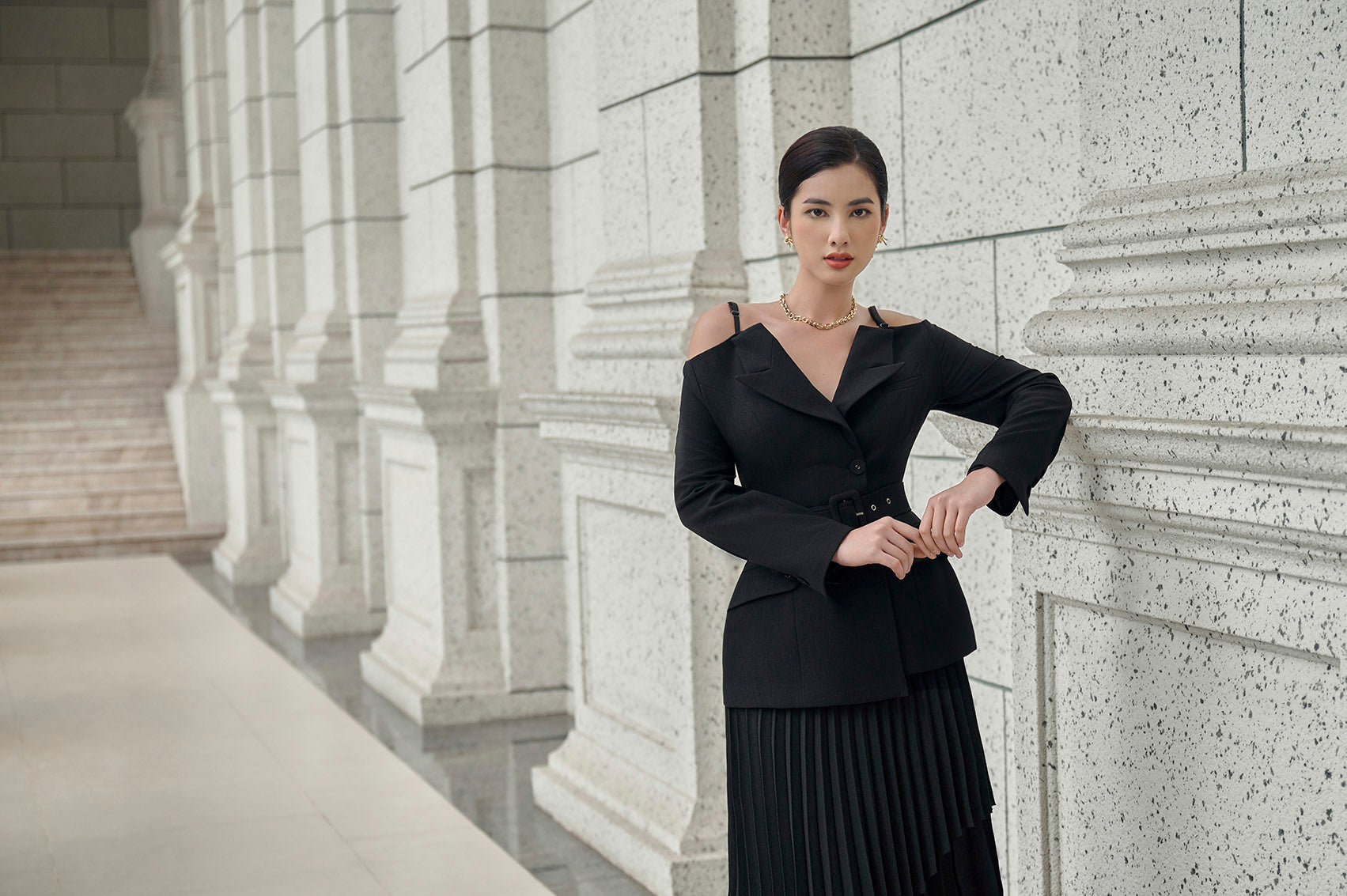 Elodie Black Off-shoulder Blazer Celeste Pleated Skirt