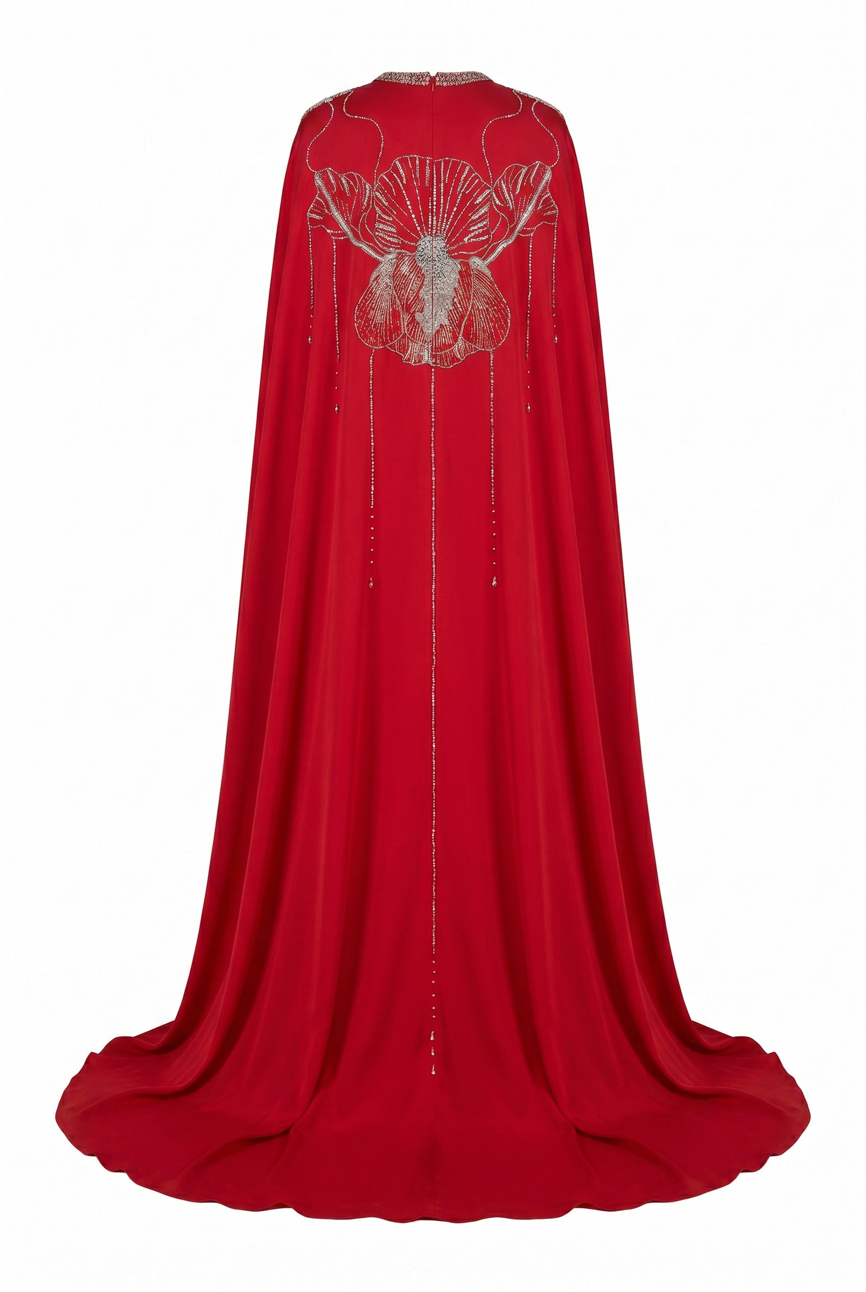 Embellished Cape Red Column Maxi Gown