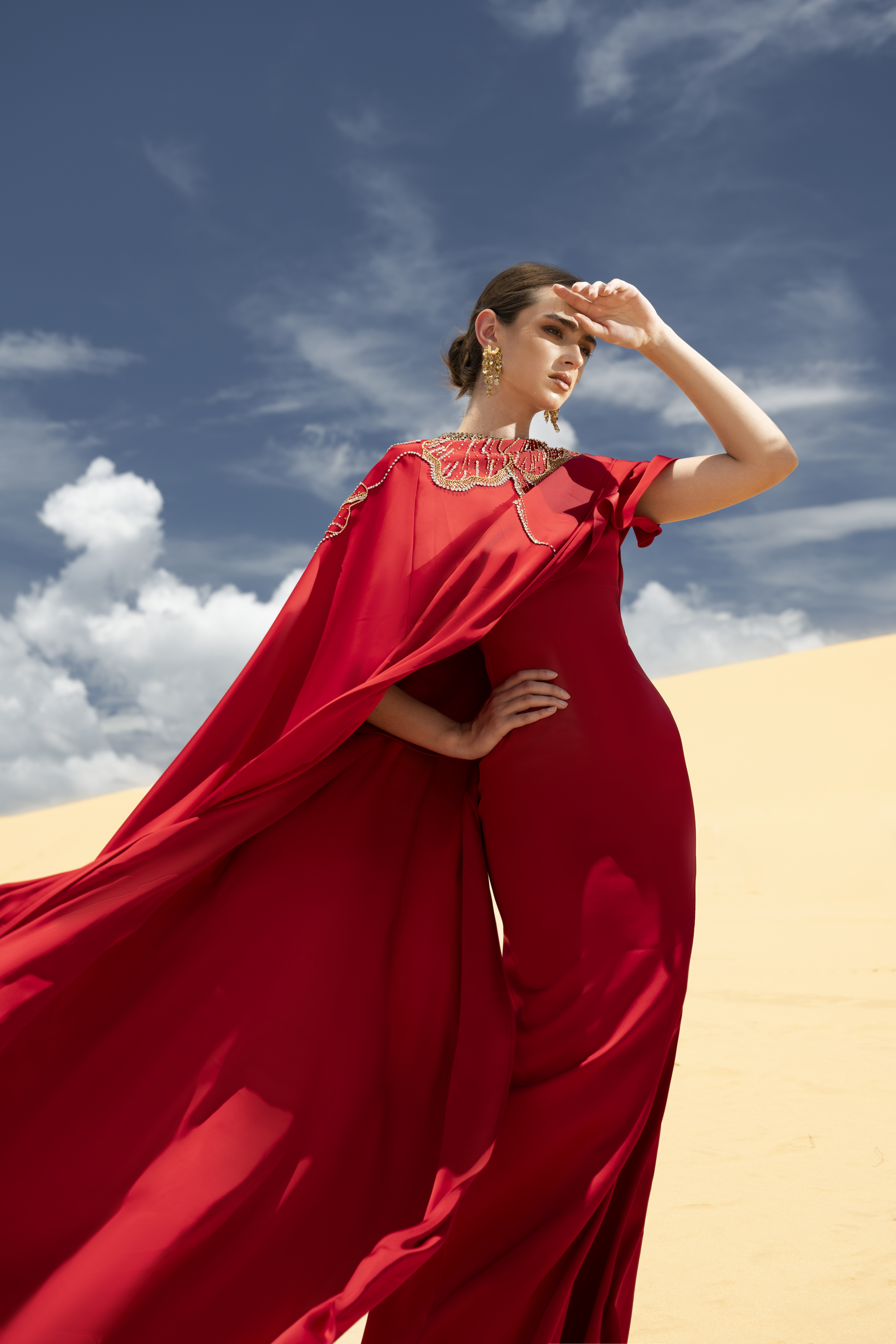 Embellished Cape Red Column Maxi Gown