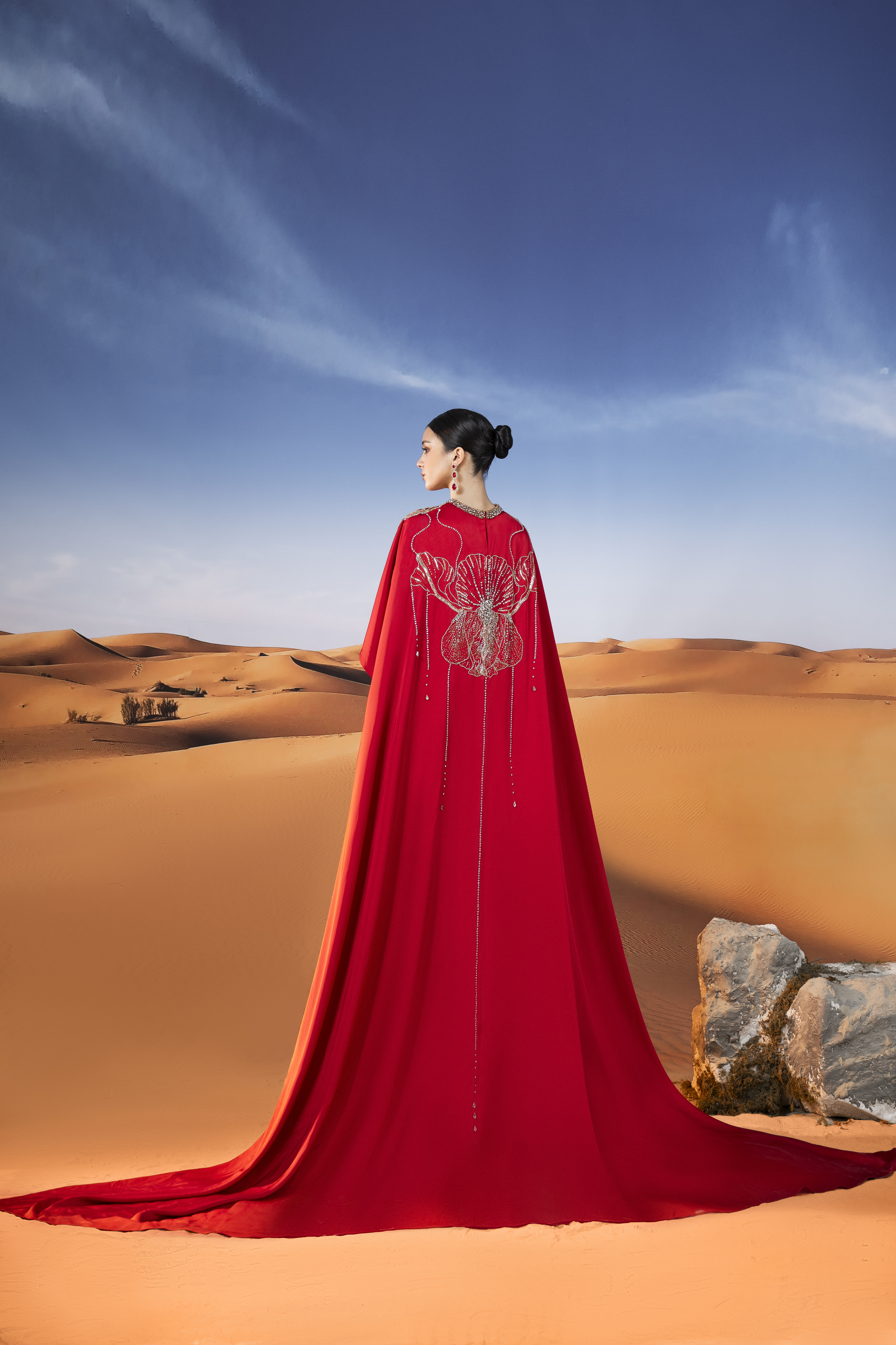 Embellished Cape Red Column Maxi Gown